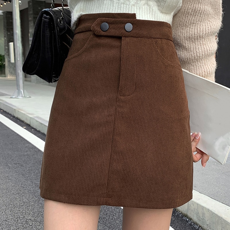 Women Casual Mini Skirt Ladies Winter Korean Japan Harajuku High Waist A-Line Solid Button Skirts Slim Office Streetwear