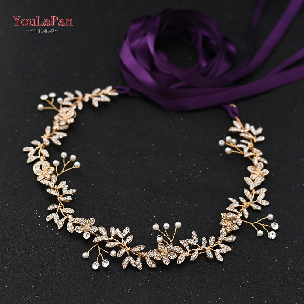 YouLaPan-Cinturón de boda SH89 dorado con diamantes de imitación, cinturón de boda, cinturones de novia con flores doradas con perlas: Purple ribbon