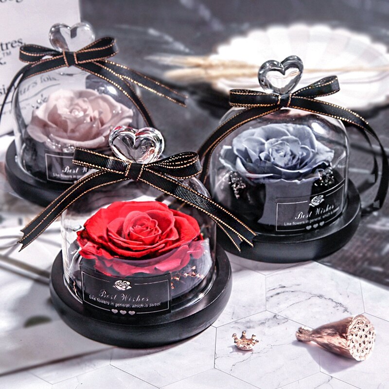 1 pc Preserved Flower Eternal Rose With Glass Cover Beauty Romantic Rose Valentines Christmas