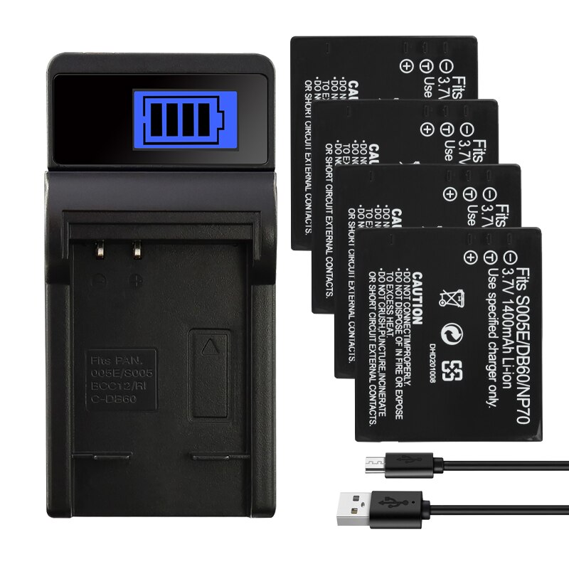 CGA-S005 S005E DB60 NP70 Batterie For Panasonic Lumix DMC-FX180,LX1,LX2,LX3 FX01 FX07 FX3 FX100 1400mAh Camera Battery CGAS005E: 1Charger 4Battery