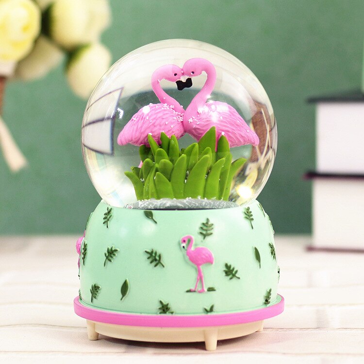 Kristallen bol muziekdoos flamingo meisje ster maan regenboog gloeiende sneeuwvlokken muziekdoos huisdecoratie bureaublad ornament