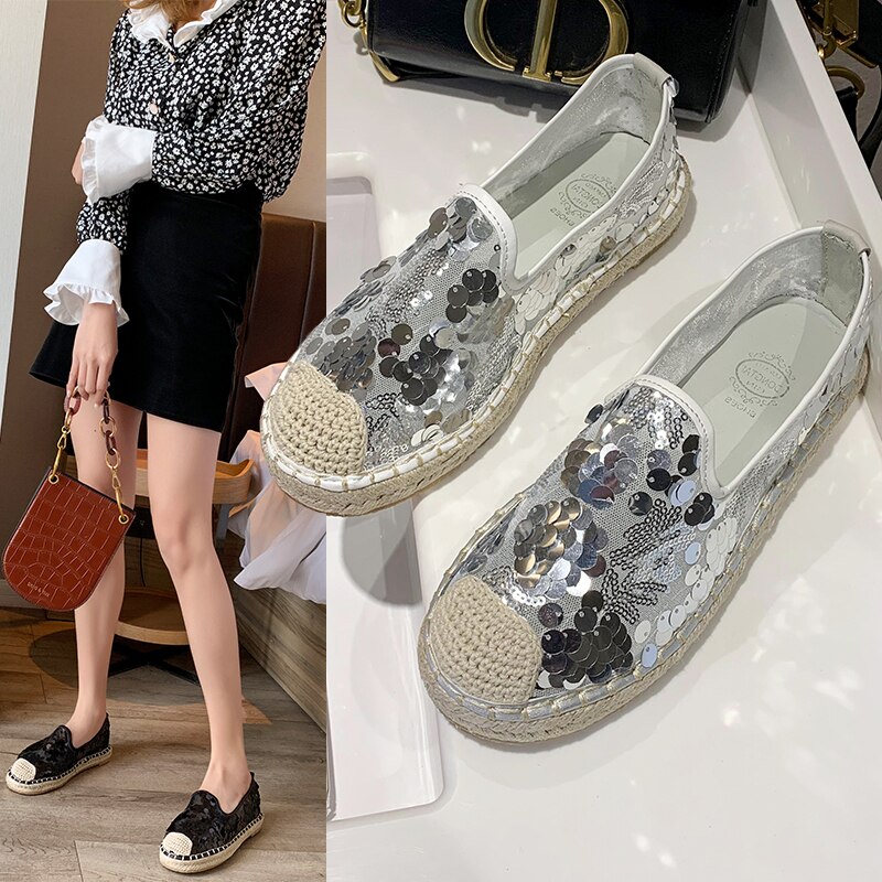 Zomer dames flats bling loafers kant instappers platte schoenen mesh espadrilles glitter dames bootschoen weven zapatos mujer 8043l