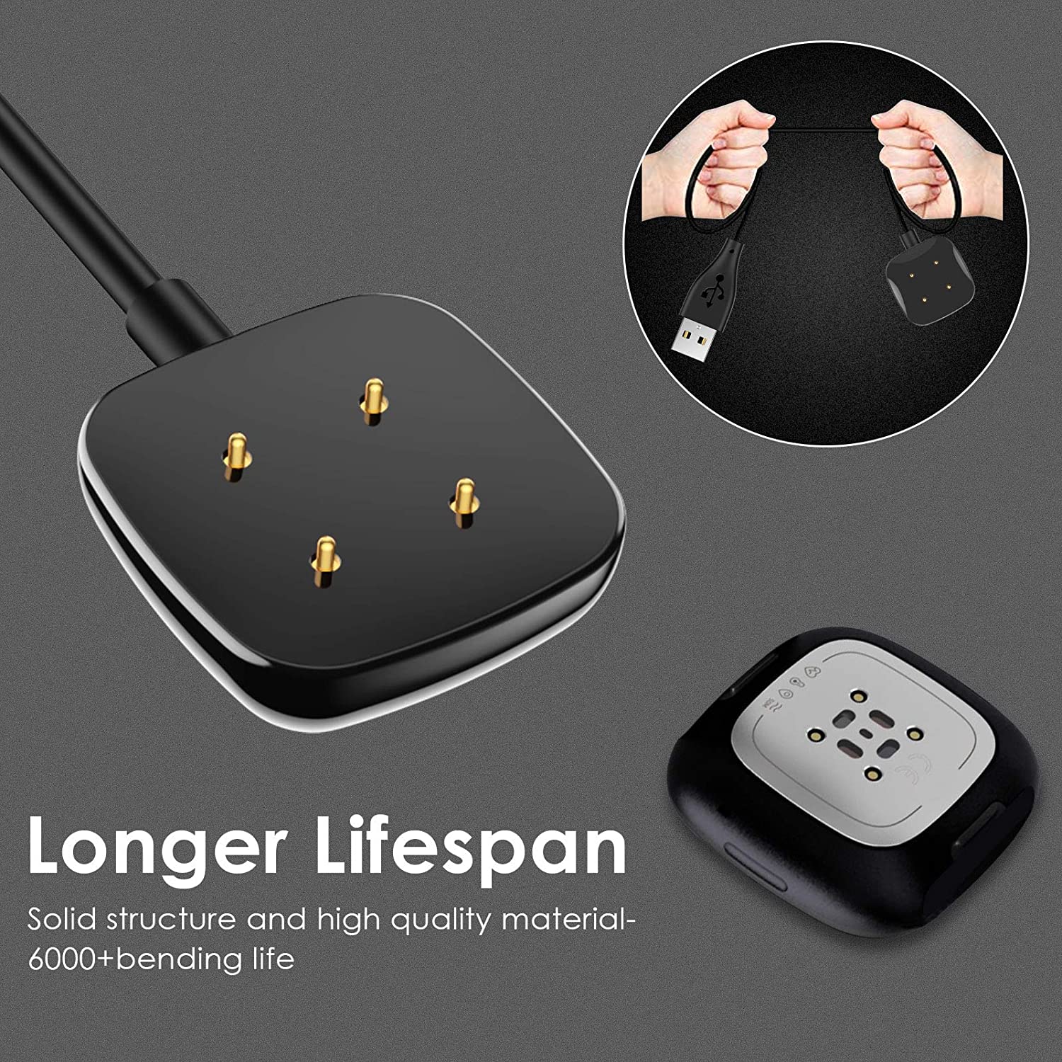 2- pack 1m laddare kompatibel med fitbit versa 3 smart watch usb laddningskabel adapter för fitbit sense ersättningstillbehör