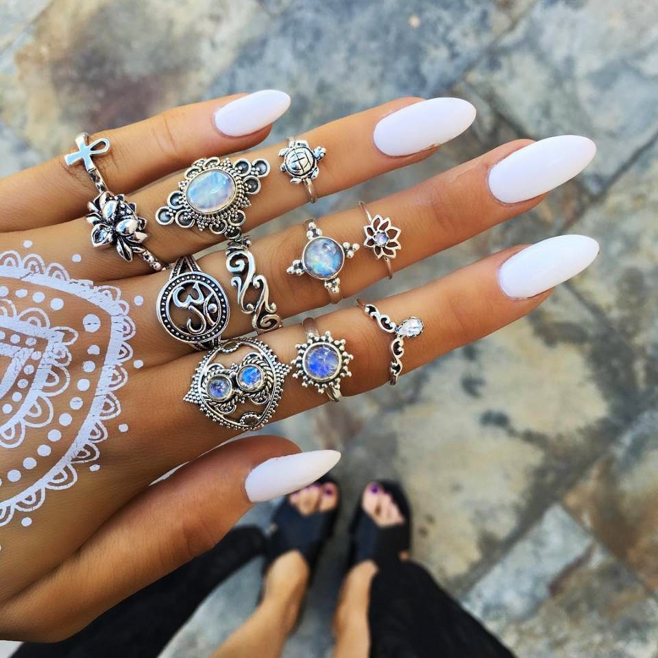 Bague Femme Vintage Ringen voor Vrouwen Boho Geometrische Bloem Crystal Knuckle Ring Set Bohemian Midi Vinger Sieraden Zilveren Kleur