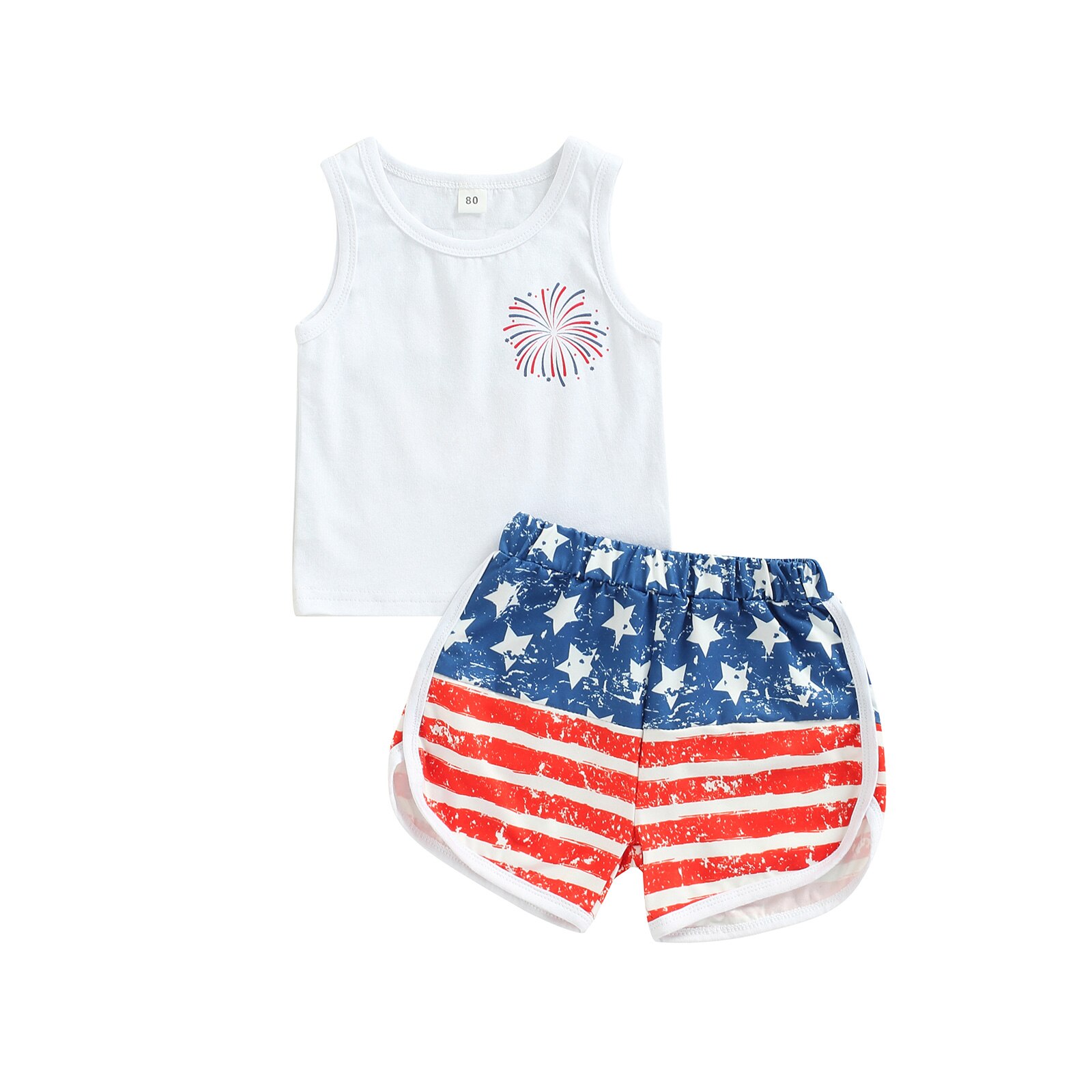 Set di pantaloncini da bambino per bambini del giorno dell&#39;indipendenza, canotta senza maniche con stampa lettere e pantaloncini con stampa bandiera elastica in vita