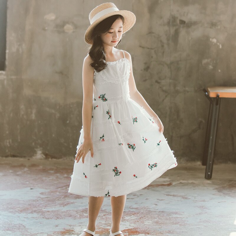 Summer Girls Braces Dress Kids and Teen Girls Cotton Floral Printed Dress Cute Children Beach Dresses, #8773