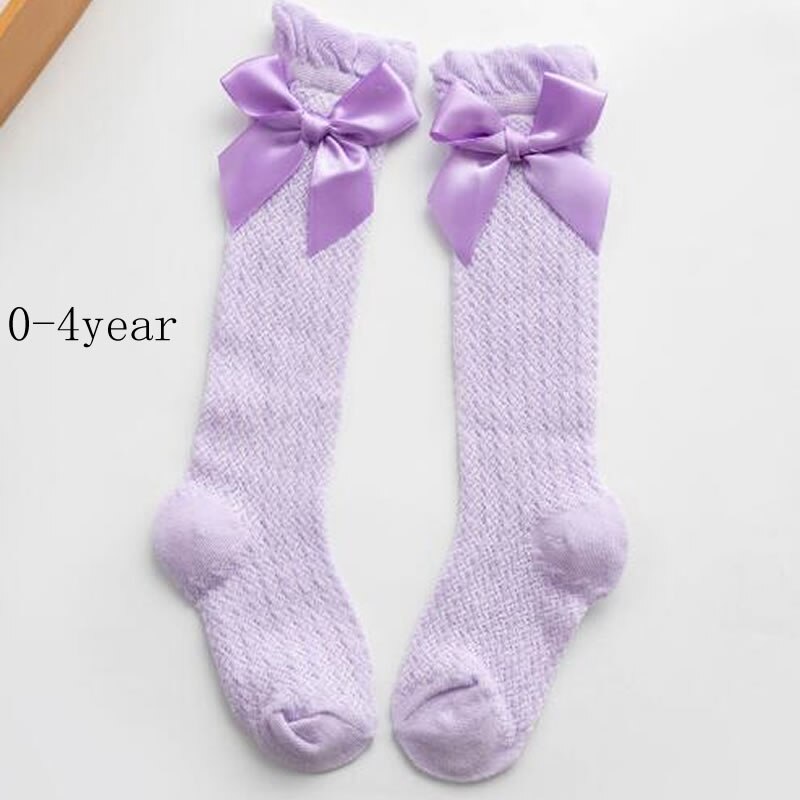 Baby Meisjes Sokken Knie Hoge Sokken Prinses Met Bogen Meisje Schattige Baby Sok Katoen Lange Buis Boog Strepen Kinderen Sokken: purple knee mesh bow