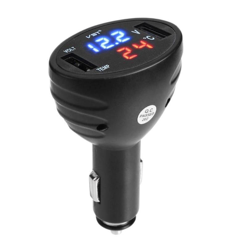 12 V/24 V 3 in 1 Auto Dual USB Car Charger Voltage Meter LED Digitale Thermometer Voltmeter Batterij car Charger Sigaret Universele