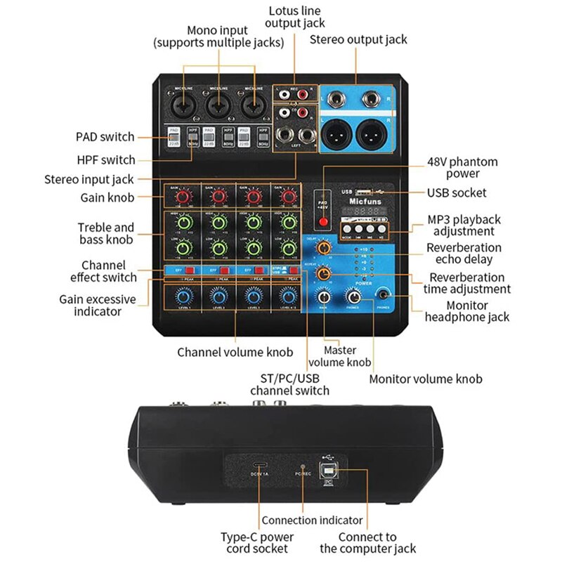 Dj Mixer Console 5-Kanaals Usb Record Pc Afspelen 48V Phantom Power Processor Aux Paths Plus Effecten Usb dj Mixer Voor Live Party