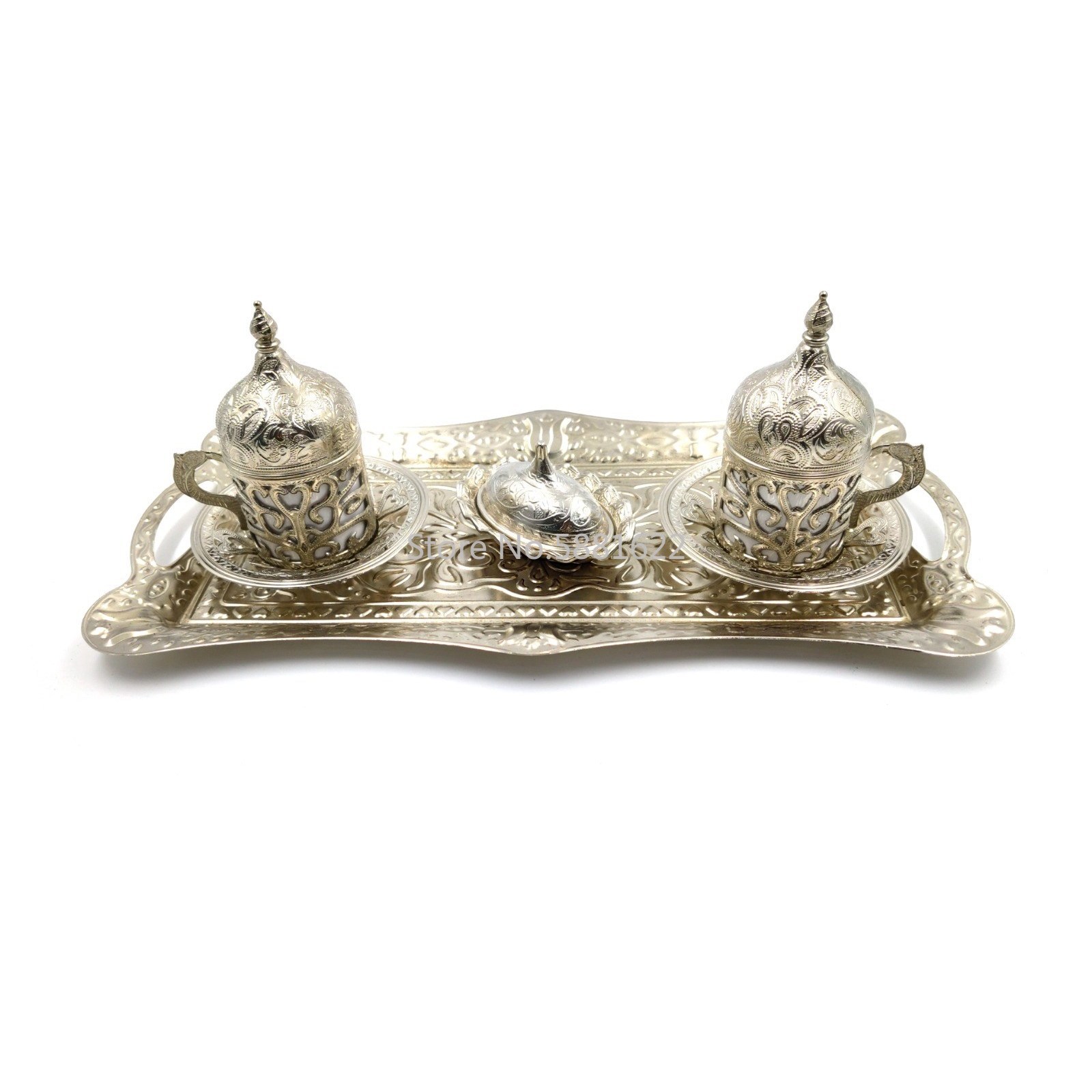 Handgjord klöver turkisk grekisk arabisk kaffe espresso serveringssats för 2, koppar fat fat lock glädje sockerrätt