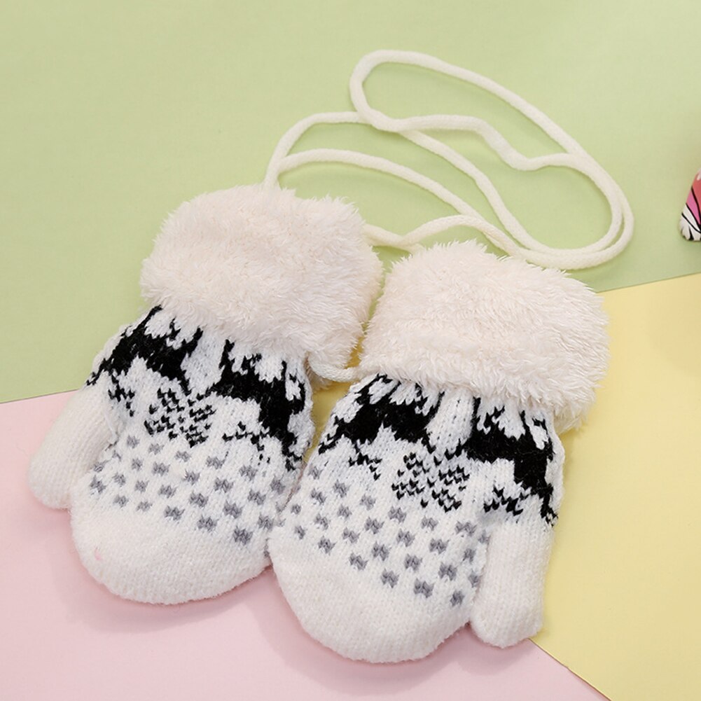 Lovely Neck Hanging Infant Baby Warm Gloves Reindeer Fleece Knitted Jacquard Cute Knitted Jacquard Halter Gloves