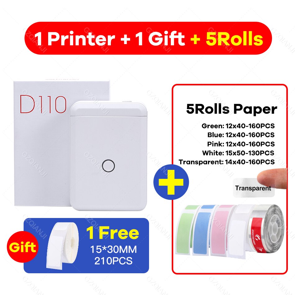 Niimbot D110 Mini Portable Thermal Label Printer Paper Roll Hangul Bluetooth Label Printer Sticker Pocket Barcode Printer D11 0: Add 5 Label Mix