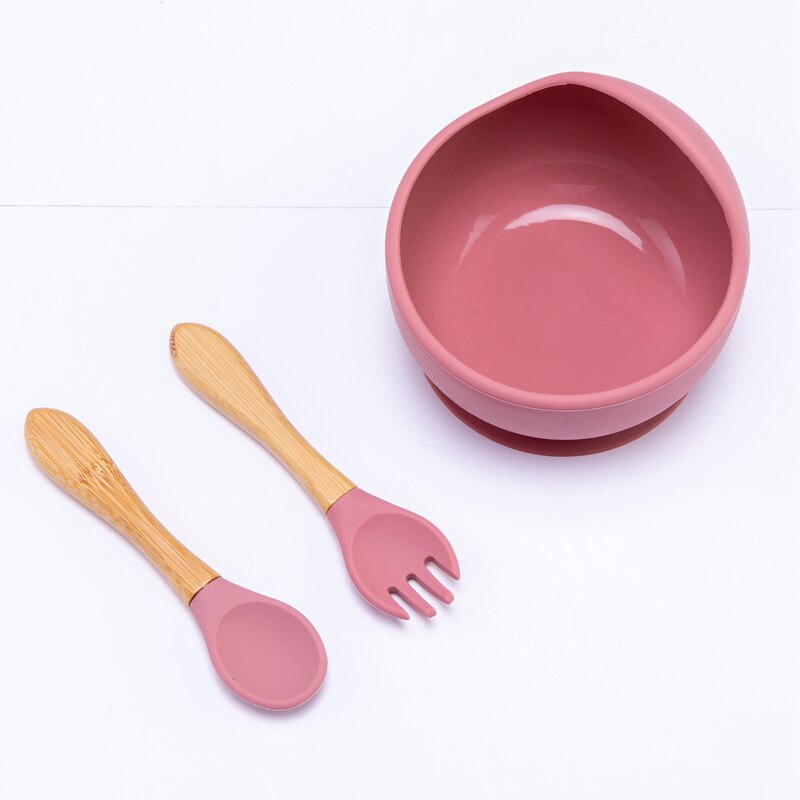 Baby Silicone Bowl Fork Spoon Straw Cup Set Silicone Bowl &amp; Spoon Learning Dishes Tableware Suction Bowl BPA Free Baby Product: 3PCS leather powder