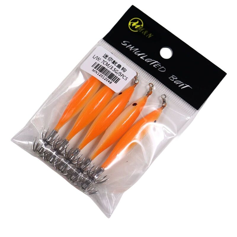 5 unids/bolsa anzuelo luminoso de calamar 7cm anzuelo de calamar brillante anzuelo de pesca de sepia pequeño Señuelos de Pesca de Mar cebo de pesca: YELLOW