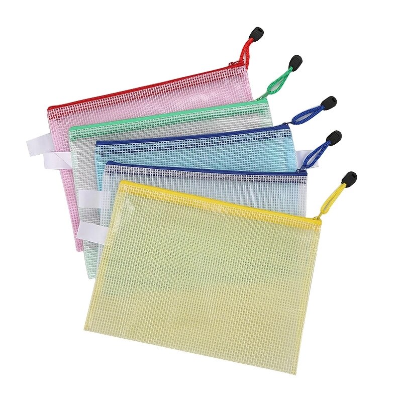 5Pcs Transparent A4 Size Mesh Zipper Plastic Folder ,Desk Paper Pencil Document Organizer Storage Bag Waterproof Stationery