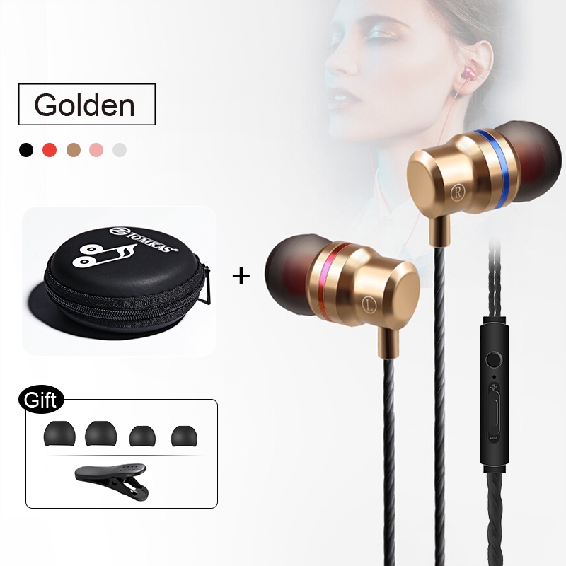 TOMKAS Universal Headphones 3.5mm In Ear Stereo Earbuds For Xiaomi Sport Wired Earphone For Mobile Phone fone de ouvido: Golden with Box