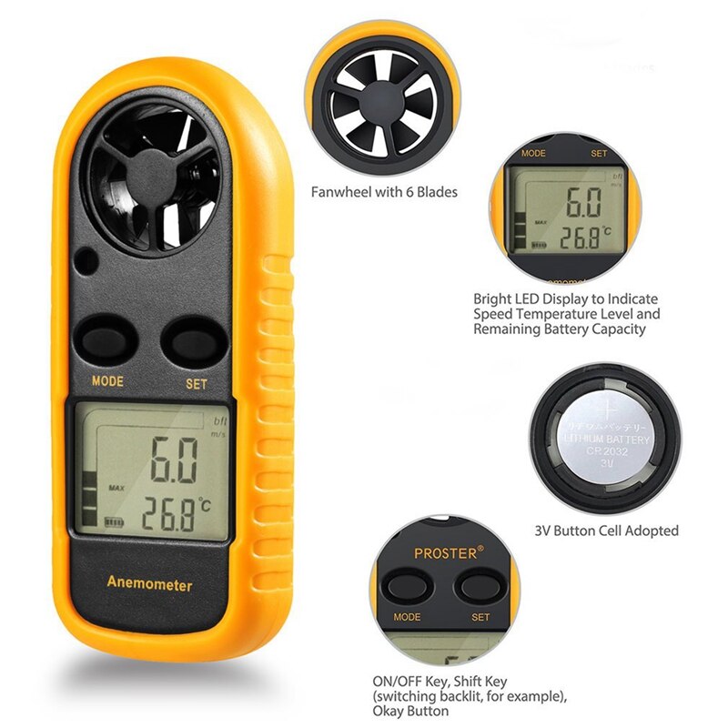 -Gm816 Digital Handheld Anemometer, Pocket Digital Anemometer With Lcd Display For Measuring Wind Speed, Temperature And Wind