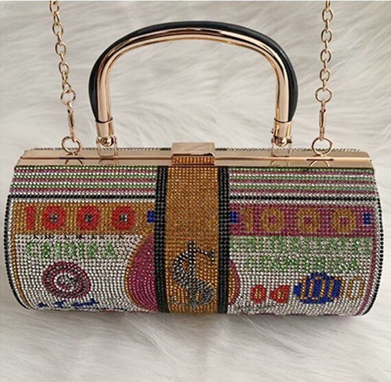 Female bag diamond-studded cylinder bag rhinestone bag dollar clutch bag evening dress shoulder bag dinner bag: Colorful