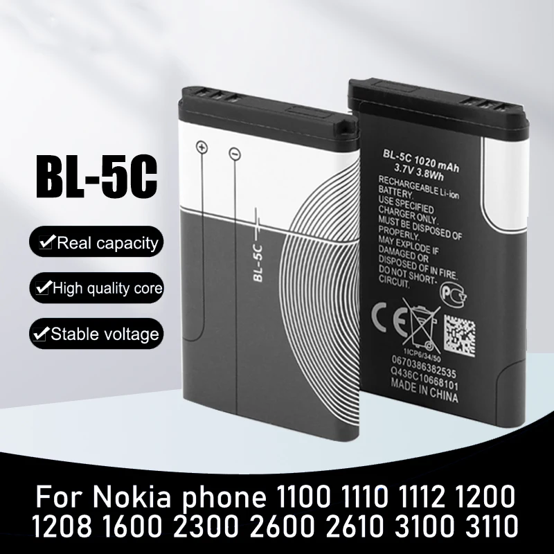 1/10pz 3.7V 1020mAh BL-5C BL5C BL 5C Batteria Batterie Ricaricabili per Nokia 2112 2118 2255 2270 2280 2300 2600 2610 3125 3230