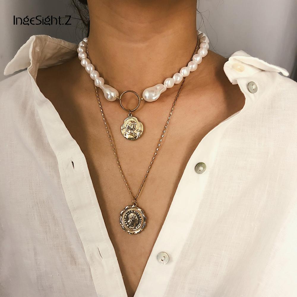 Ingesight. Z Punk Multi Gelaagde Gesimuleerde Pearl Choker Ketting Kraag Verklaring Gesneden Coin Hanger Ketting Vrouwen Meisjes Sieraden