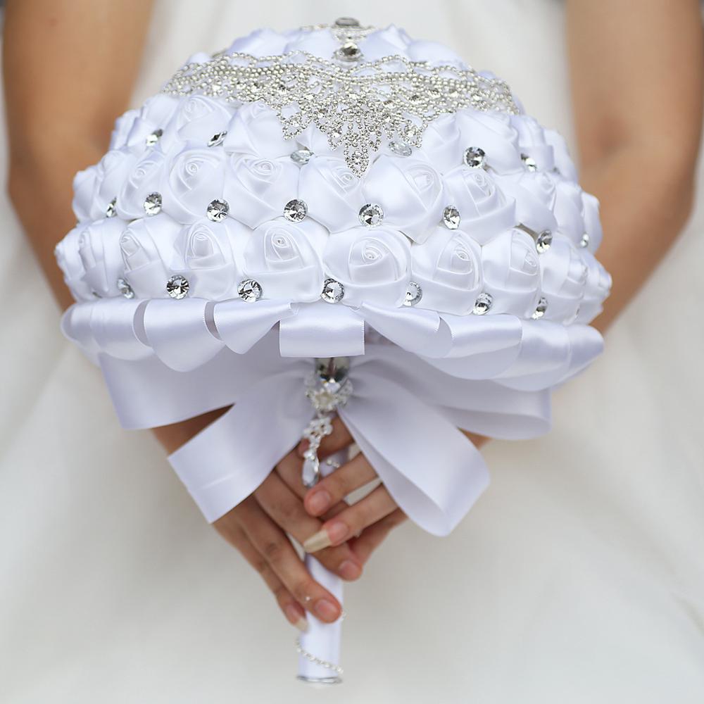 Janevini 30cm store hvide brudebuketter satin roser håndlavede blomster luksus krystal sommerfugl smykker bryllup buket tilbehør