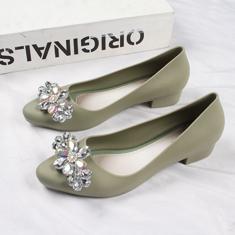 Rhinestone Flower Plastic Shoes for Women Thick Heel Waterproof Rainboots Shoes Pvc Jelly Shoes Womens for Rain: Beige / 40