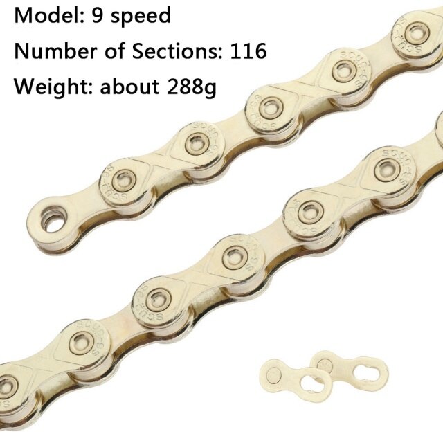 Chaîne de vélo ajourée dorée arc-en-ciel, pour KMC X9 X10 X11 X12, 9/10/11/12 vitesses, pour vtt/vélo de route, 116L 126L: gold 9S