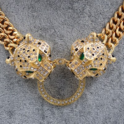 Smykker krystal indstilling chokers halskæde dobbelt lag kæde leopard hoved vedhæng halskæde kvinder