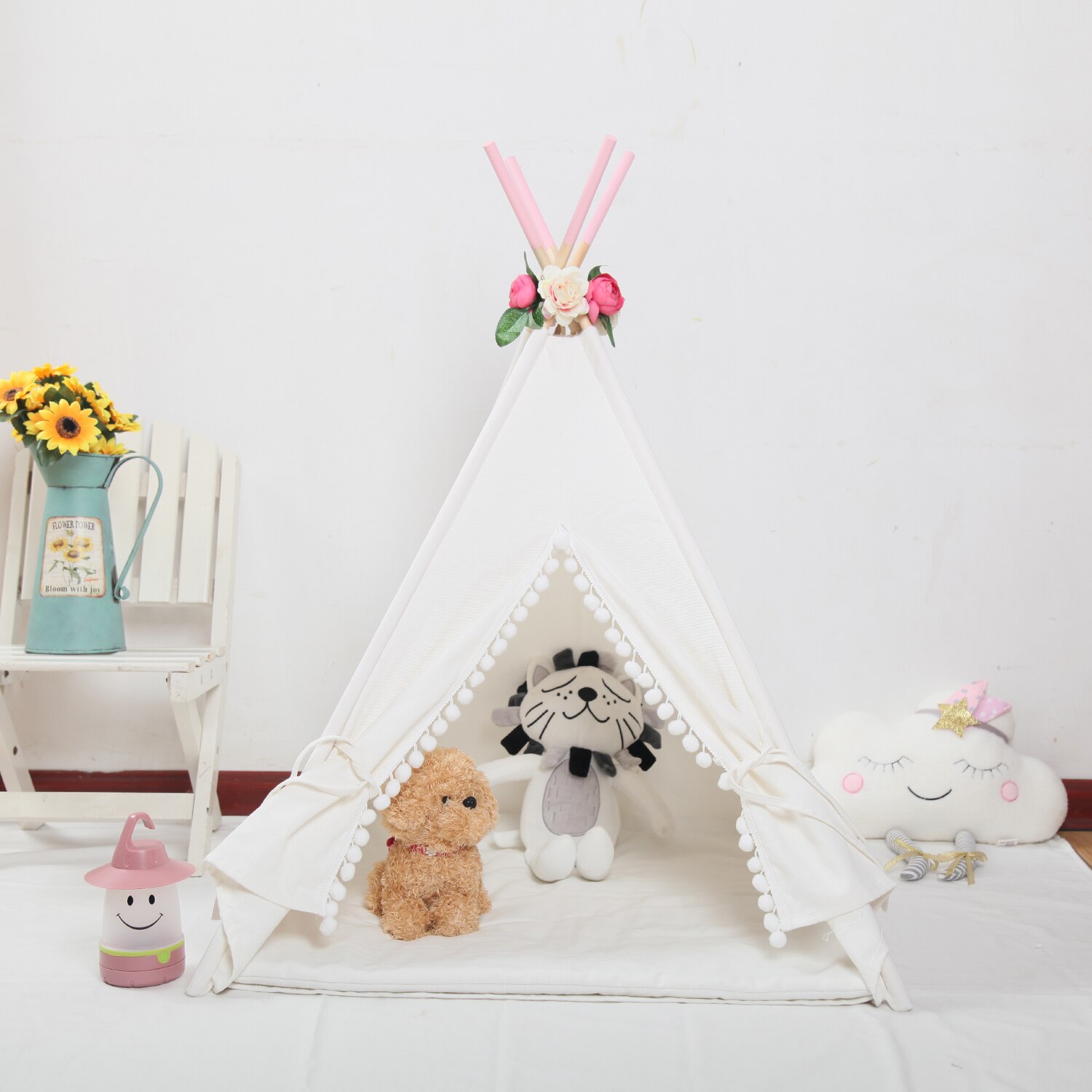 Bianco di Tela canna tepee Tenda Finestra Fiori Naturali Poli