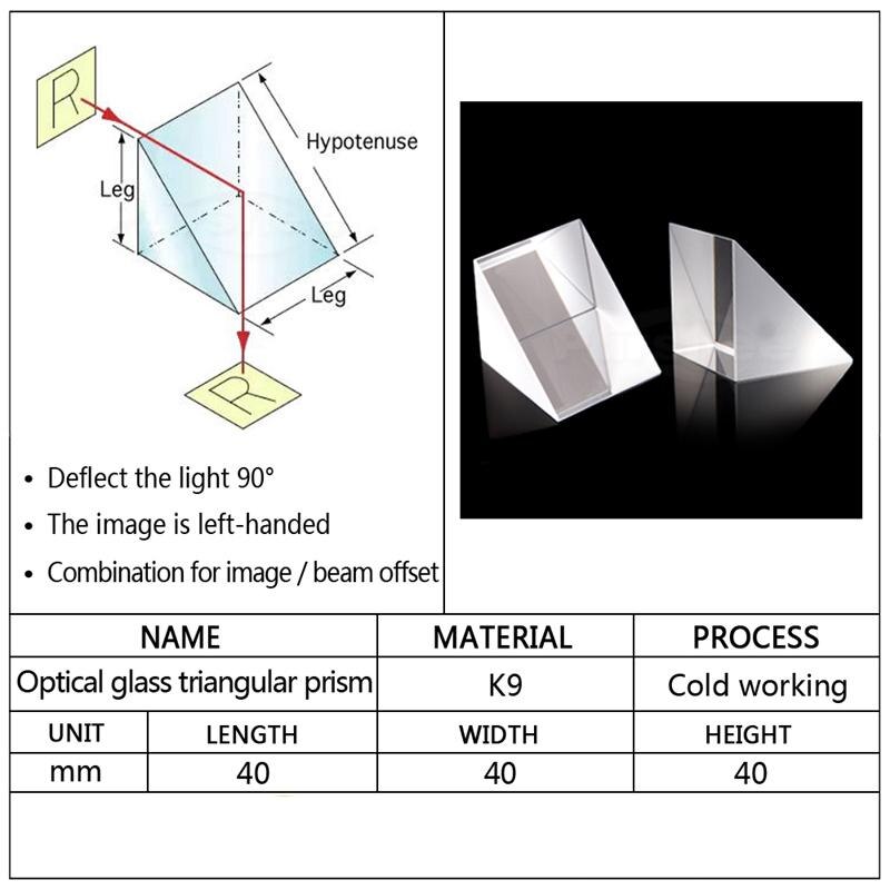 Prismas de cristal óptico de 40x40x40mm/1,57x1,57 x pulgadas, prismas de cristal triangulares, lentes ópticas de prismas K9 de ángulo recto