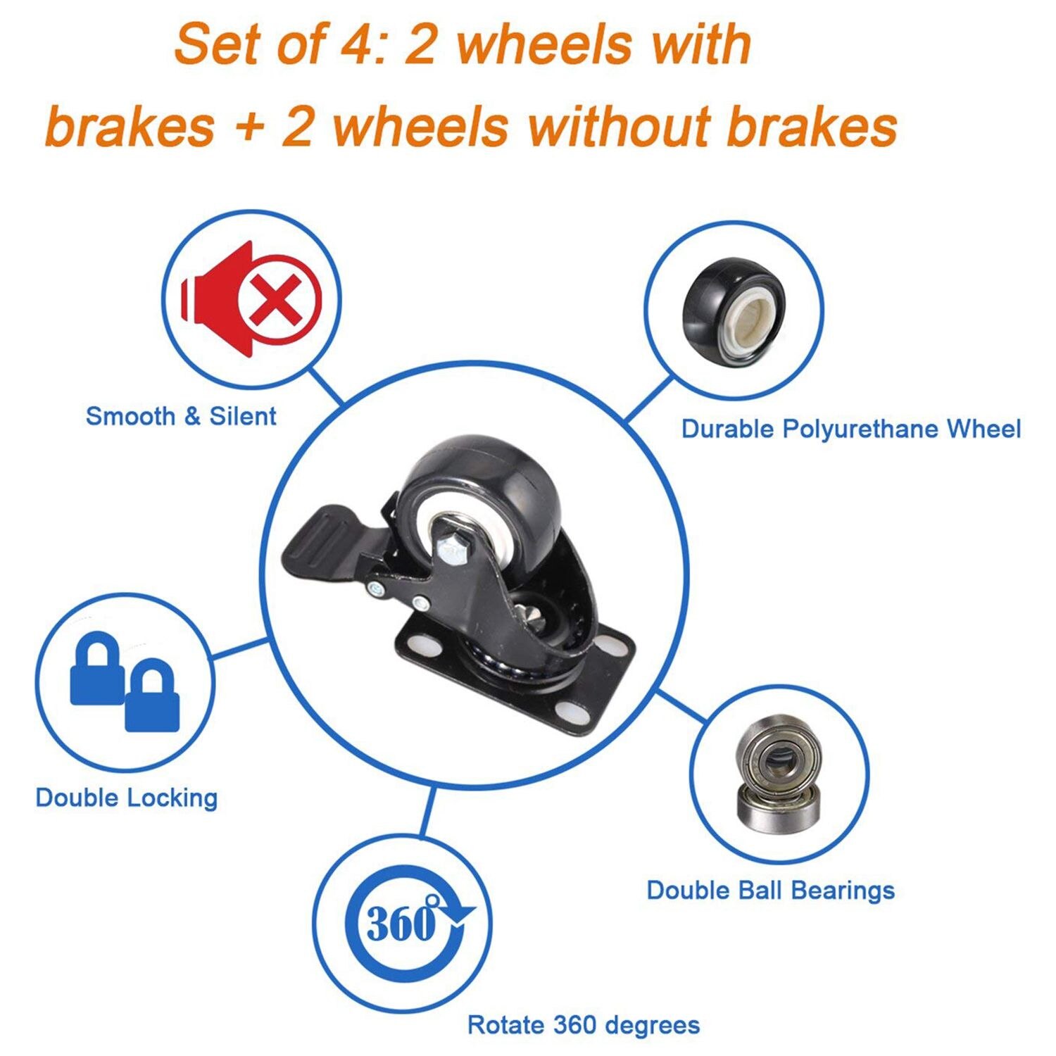 4 Pack 2in Heavy Duty Caster Wheels Polyurethane PU Swivel Casters with 360 Degree Top Plate 220lb Total Capacity