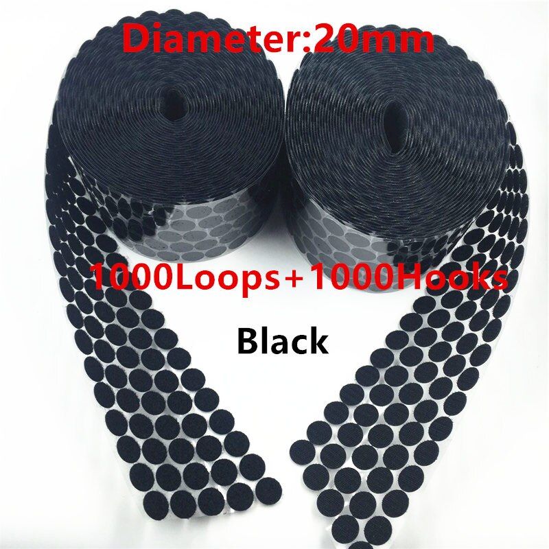 1000 par krog og løkke tape nylon rund prik klistermærker stof klæbebånd stærk lim på tape fastgørelse: Sort 20mm 1000 stk