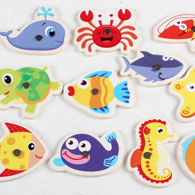 26pcs di segnalazione di Pesca Marine Giocattoli Per Bambini Educativi 3D Pesce di Legno Magnetico di Puzzle Gioco di Pesca All&#39;aperto Divertente Della Ragazza Dei Ragazzi Regali