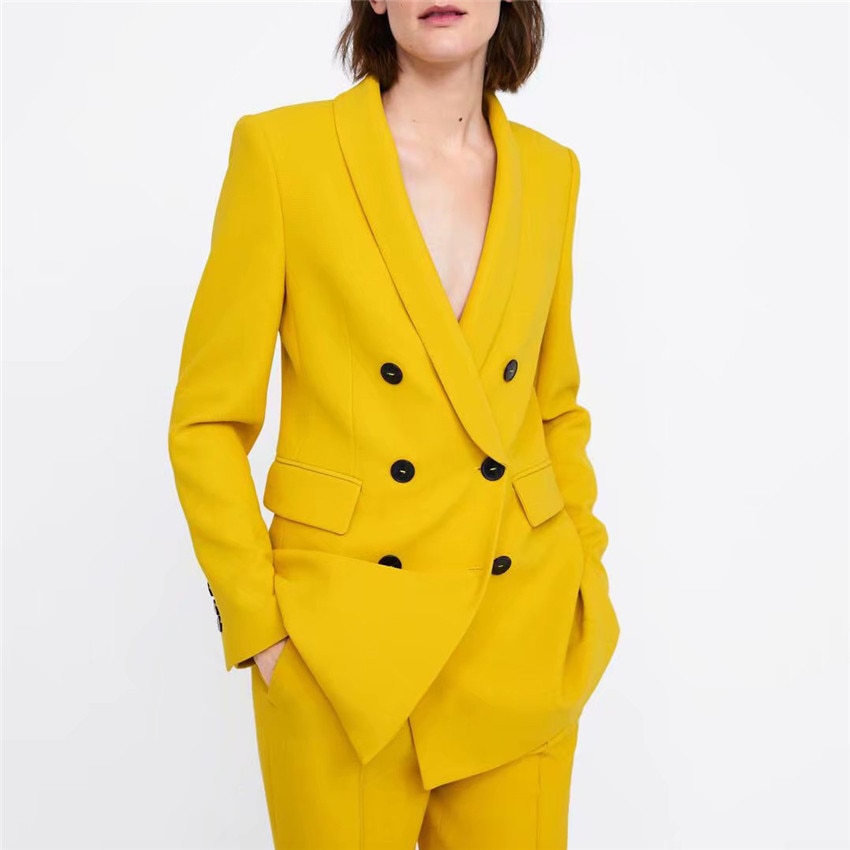 Blouson jaune jaune pour femmes, , col échancré, poches à Double boutonnage, vêtement de bureau, pour le travail, hauts