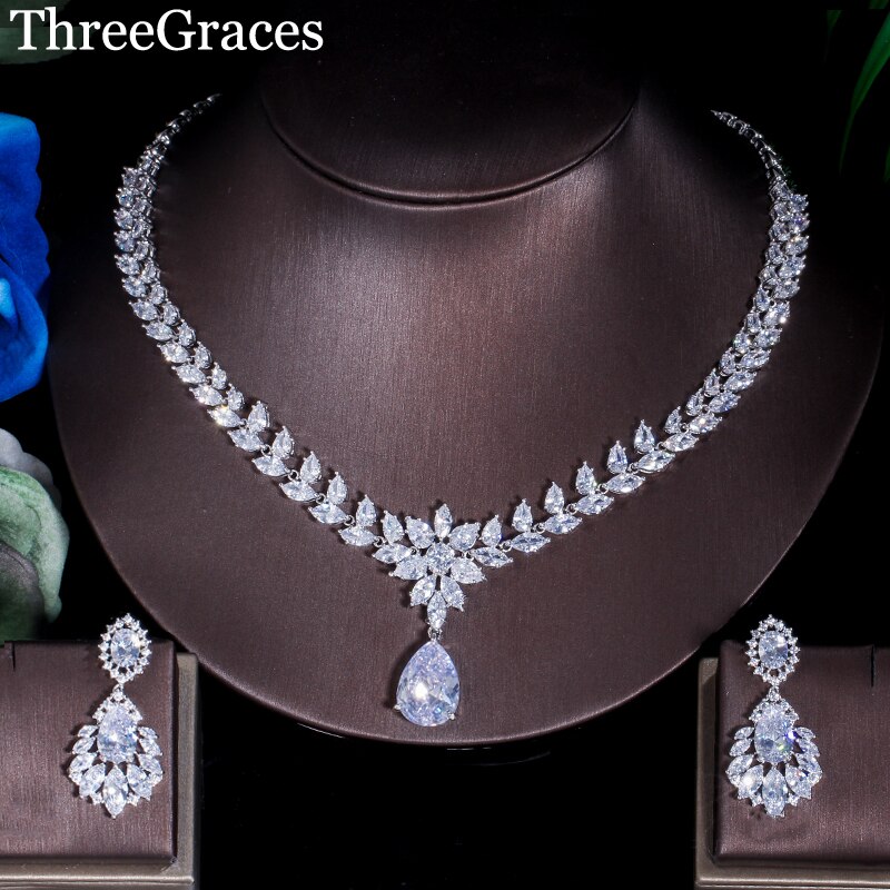 ThreeGraces glänzend CZ Kristall Weiß Gold groß Baumeln Hochzeit Ohrring Und Halskette charmant Braut Kostüm Schmuck einstellen JS079
