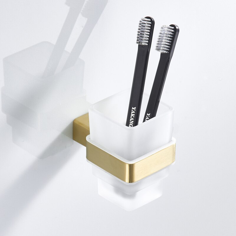 Double porte-serviettes mural en acier inoxydable, accessoires de salle de bains carrés en or brossé, porte-papier hygiénique moderne pour brosse de toilette: toothbrush cup