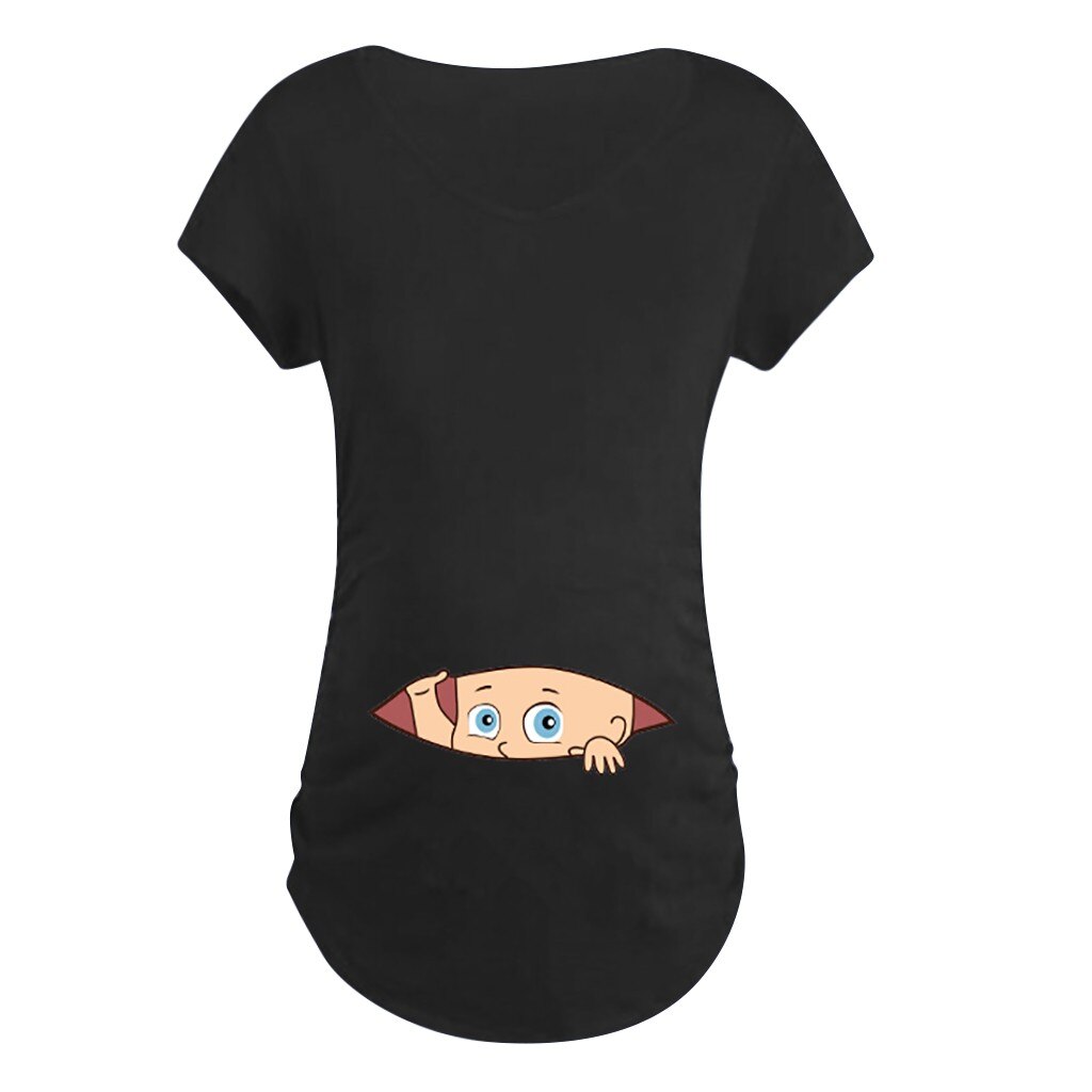 Kvinnor gravidblus kort t-shirt med tecknat tryck gravidkläder sommar gravidtoppar ropa maternal de moda ropa mujer: Bk / Xxxl