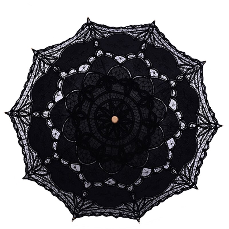 Borduren Lace Bridal Paraplu Parasol Zwart Rood Wit Katoen Zonnescherm Voor Bruid Houten Handvat Bruiloft Decoratie Paraplu: Black