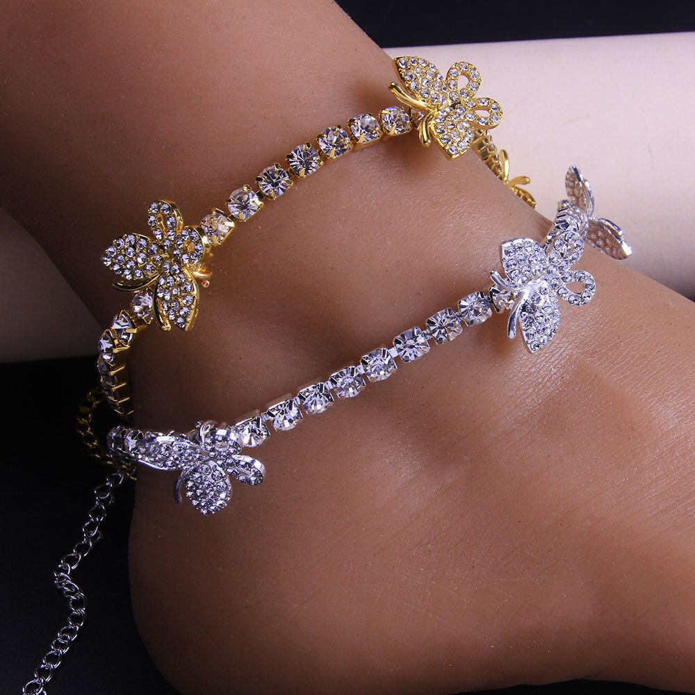 Stonefans Cute Butterfly Charm Rhinestone Tennis Anklet for Women Beach Barefoot Butterfly Anklet Jewelry