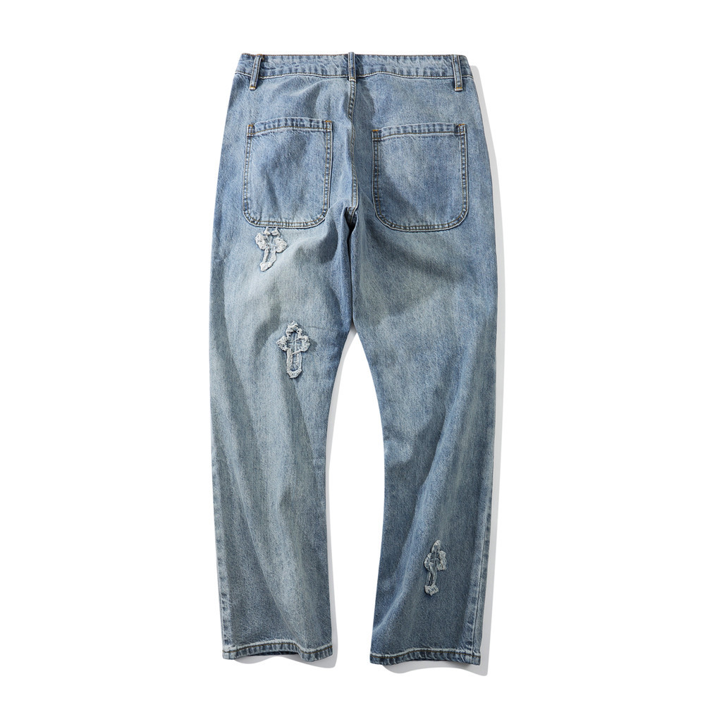 Kreuz Gestickte gewaschen Jeans männer Straße verlieren Gerade Beiläufige Breite Bein Jeans