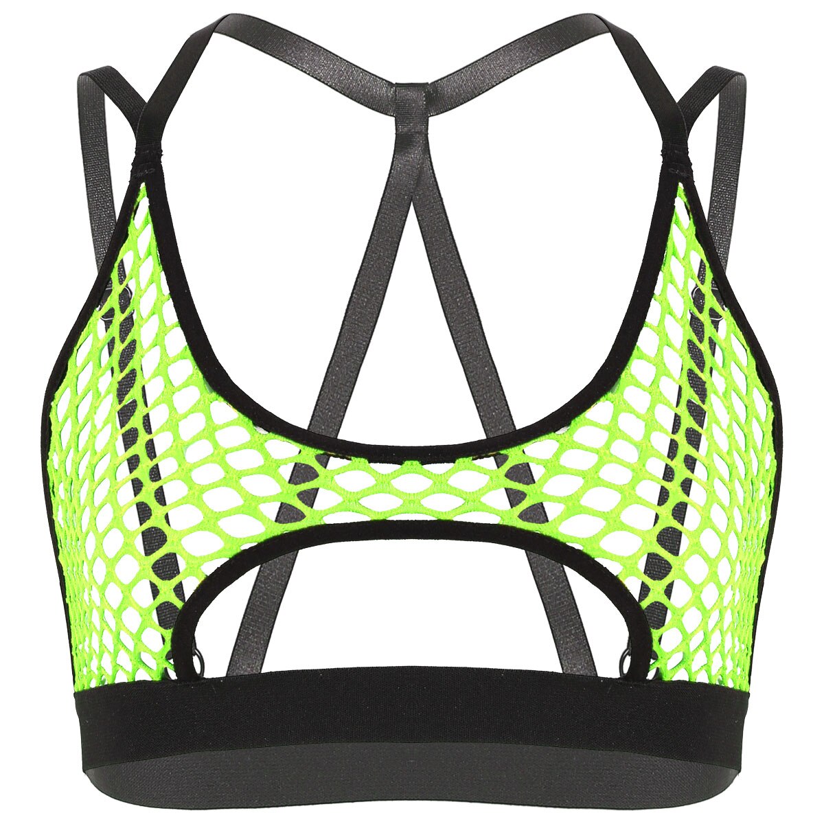 Femmes Streetwear haut court Sexy Rave voir à travers pure résille gilet Clubwear évider entrecroisé sous-boob Camisole haut: Neon Green / XL