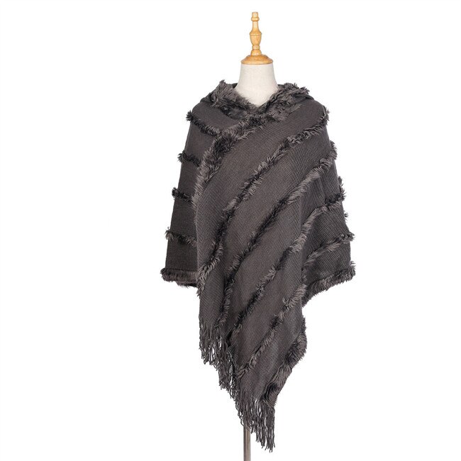 Höststickad poncho dam päls huva ponchos och kepsar vinter utomhuskläder filt kappa femme fleecetröja cardigan plus size: Mörkgrå
