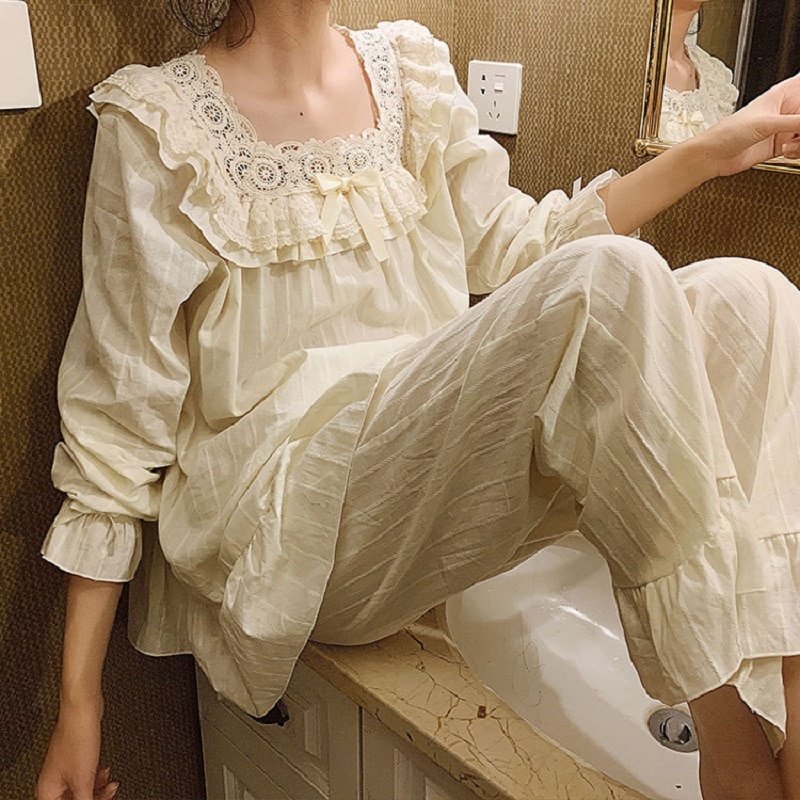 Vintage Borduurwerk Vrouwen Pyjama Sets Zoete Vrouwelijke Witte Comfortabele Zachte Katoenen Pyjama Met Lange Mouwen Nachtkleding Pakken