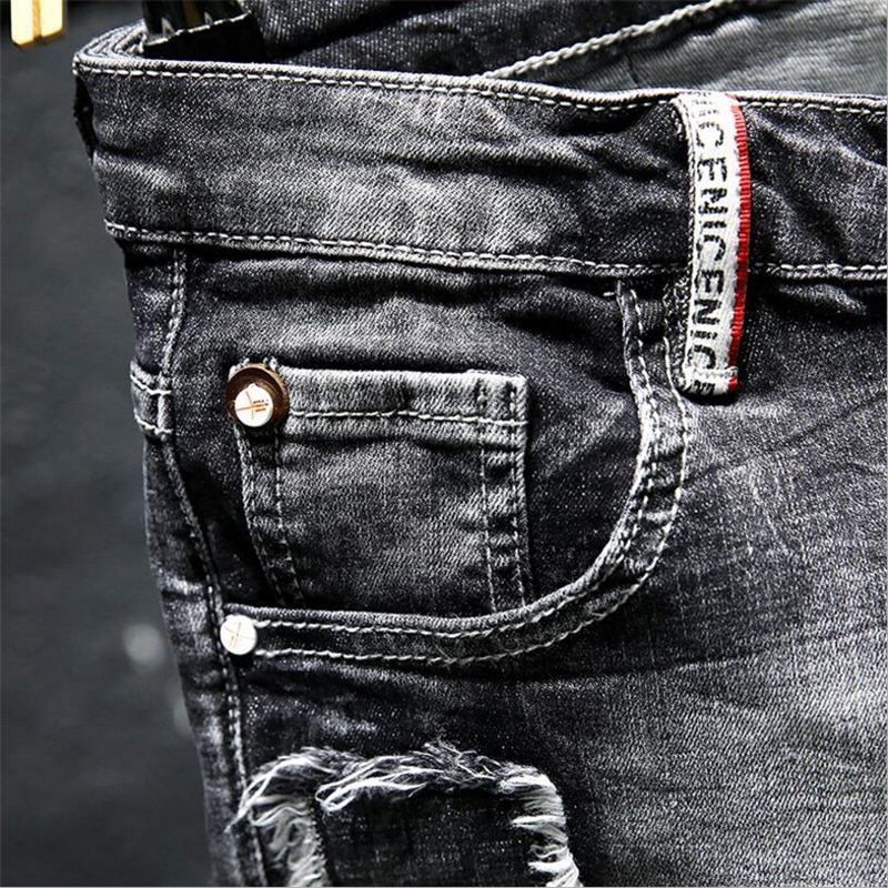 Mænd grå ripped denim shorts sommer huller sorte korte jeans bløde bomuld stretch jeans korte knælange jeans