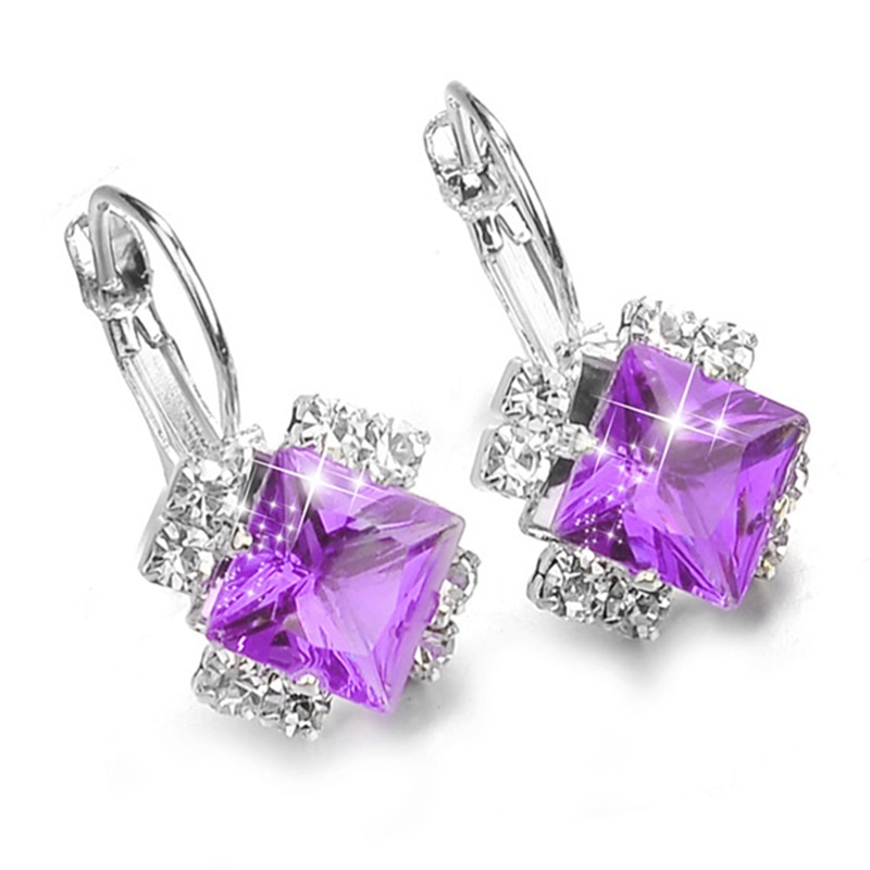 Silver Color Square Earrings Purple Red Blue Black Austrian Crystal Rhinestone Earring For Women Wedding Jewelry