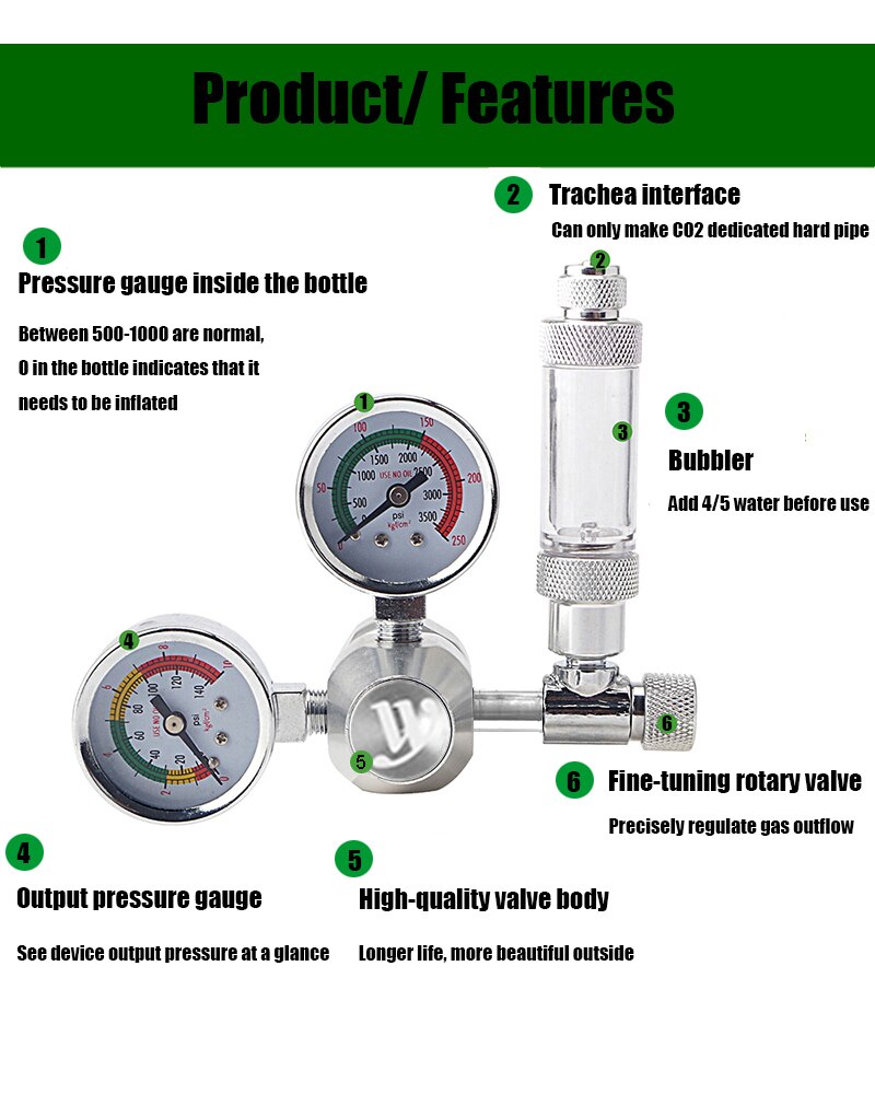 WYIN Aquarium CO2 regulator, with bubble counter fine-tuning valve 360°rotating CO2 electromagnetic pressure reducing equipment
