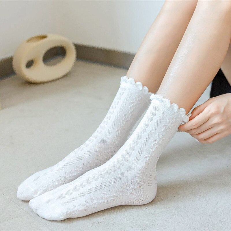 Summer Female Lace Black White Crew Sock Cotton Cute Japanese Jacquard College Women Girls kawaii Sweet