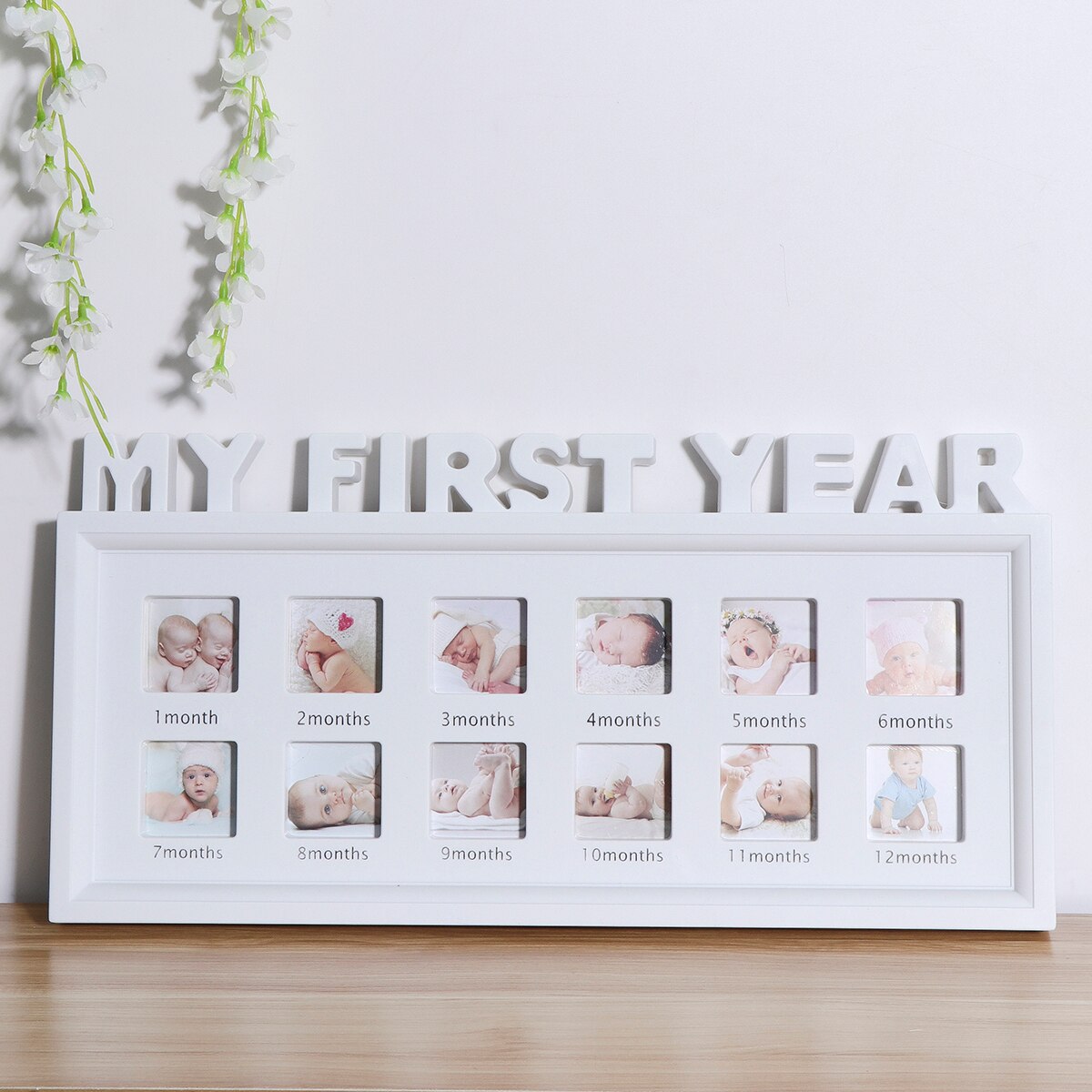 Unique Style My First Year Photo Moments Baby Keepsake Frame Photo Collage Holds Infant Photographs 41x20cm (White)