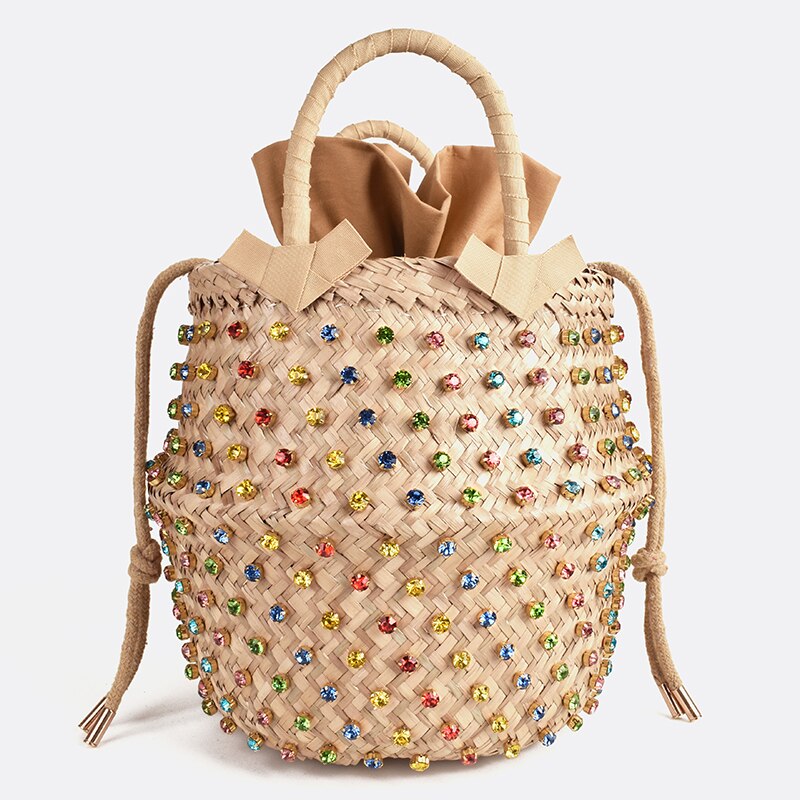 Woman Vacation Bag Embellished Straw Bag Ladies Woven Seaweed Bucket Diamond Bag Pearl Handbags