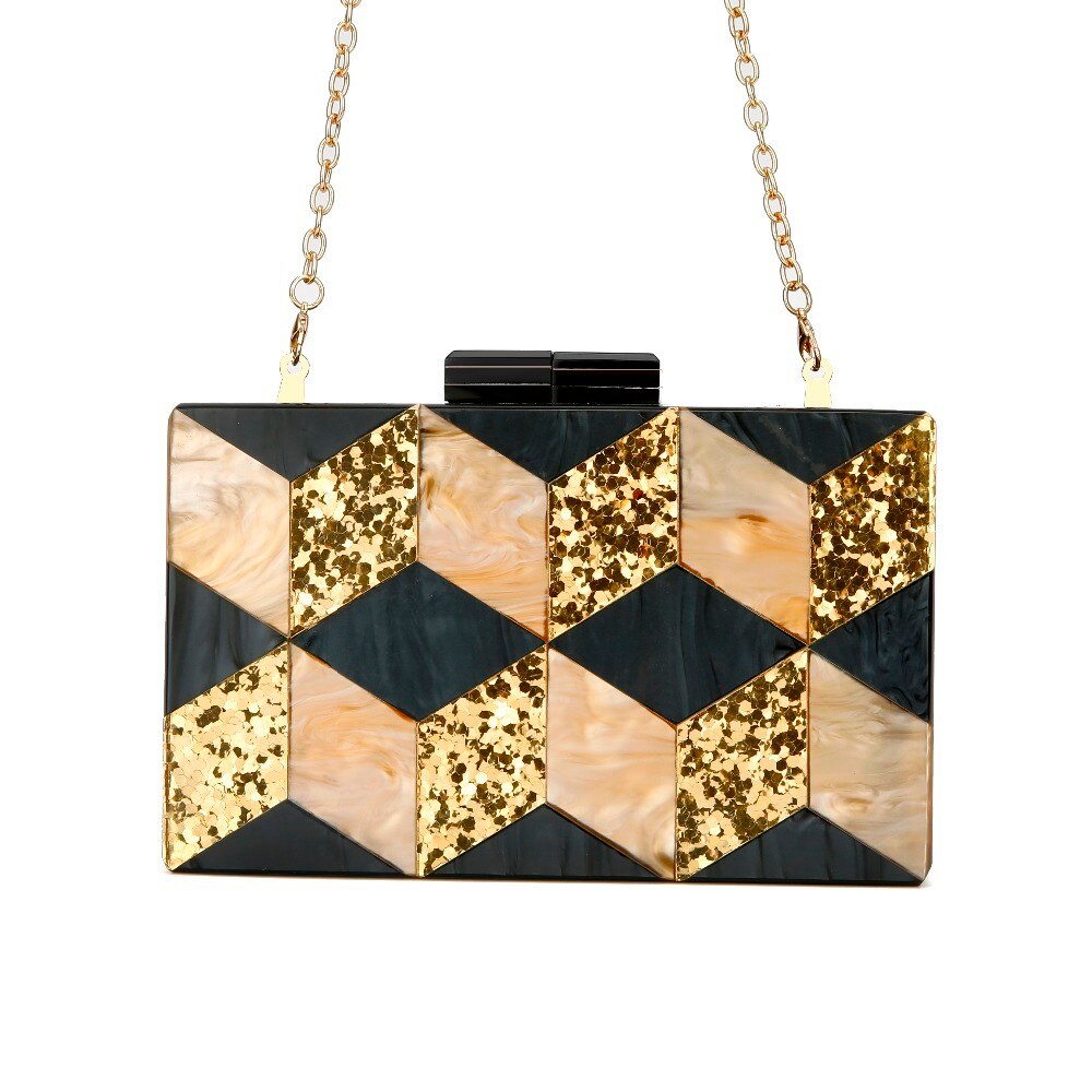 Naakt Gold Glitter Zwarte Parel Gestreepte Geometrische Acryl Clutch Vrouwen Schouder Messenger Avond Zomer Strand Flap Acryl Zak